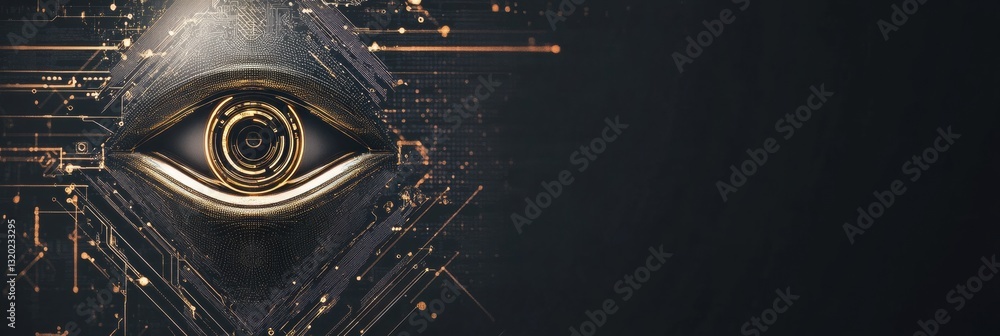 Poster Shield design with cybernetic patterns and robotic eye symbolizing AI in cybersecurity with text space