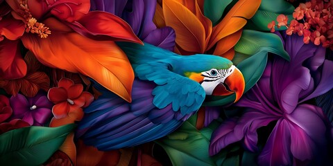 Obraz premium Vibrant macaw perched among colorful tropical foliage, showcasing nature's beauty and diversity
