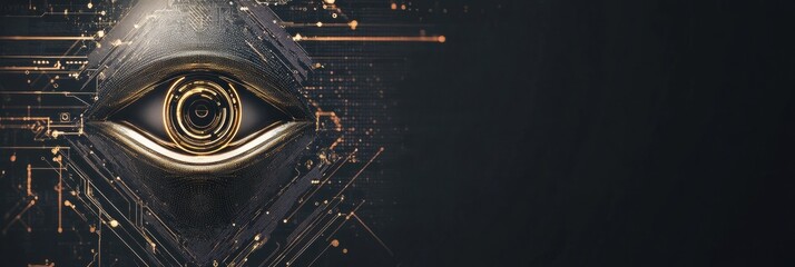 Shield design with cybernetic patterns and robotic eye symbolizing AI in cybersecurity with text space