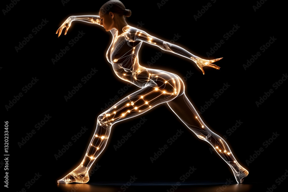 Aufkleber 3d render of illuminated female figure in dynamic pose, abstract background, glowing lines and nodes