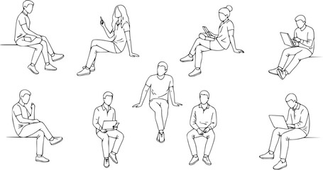 Vector illustration, Outline silhouettes of people, Contour drawing, people silhouette, Icon Set Isolated , Silhouette of sitting people, Architectural set