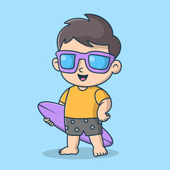 Cartoon Boy With Sunglasses Holding A Surfboard on the Beach