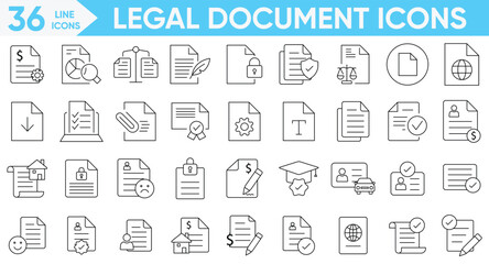 Legal documents icon set.agreement, passport, message, passport, regulation, taxes, ID card, management, certificate, license, patent, testament and more.Vector and illustrator set.