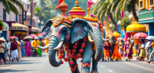 A whimsical elephant, adorned with festive garlands, leads a vibrant parade down a colorful street, bright, charming