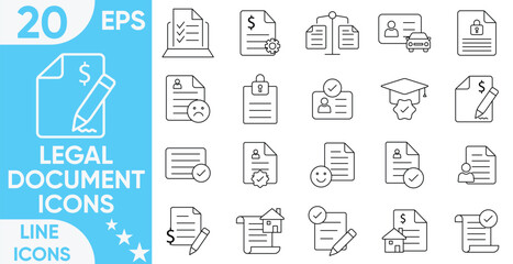 Legal documents icon set.agreement, passport, message, passport, regulation, taxes, ID card, management, certificate, license, patent, testament and more.Vector and illustrator set.
