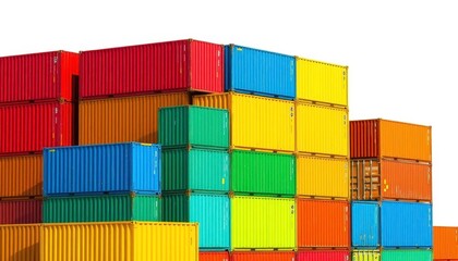 Brightly colored shipping containers stacked high against a stark white background, isolated, studio shot