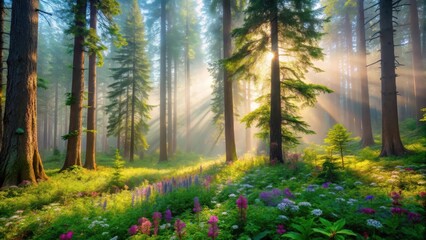 Obraz premium Misty forest floor with towering trees and a serene atmosphere, surrounded by lush greenery and vibrant wildflowers, as morning light filters through the fog, misty morning, natural beauty