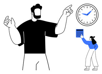 Man gesturing with focus on management, while woman interacts with calculator under a clock. Ideal for teamwork, productivity, planning, focus, organization, time management calculations. Flat