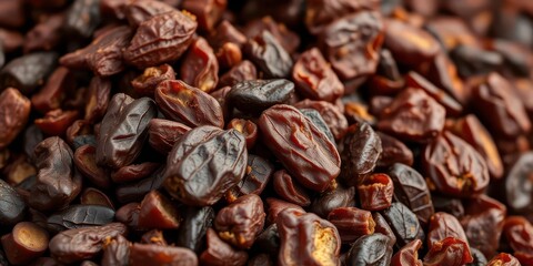 Obraz premium Close-up of a mountain of rich, dark brown dried dates, dried fruit, fruit