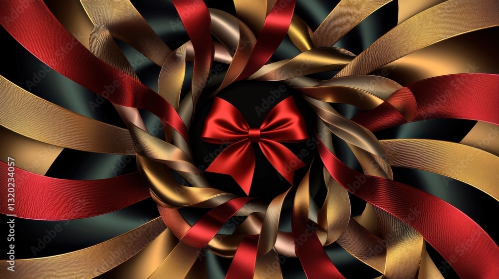 Poster decorative ribbons and bows arranged in a spiral pattern with a central space for text or logos