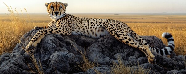 Fototapeta premium A cheetah is resting peacefully on a rocky surface outdoors