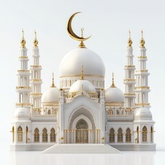 Obraz premium Elegant white mosque with golden accents, crescent moon.
