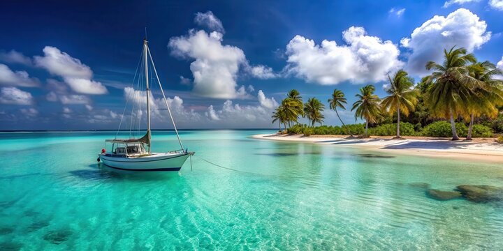 Sailing boat anchored in crystal-clear waters surrounded by palm trees and powdery white sand beaches of Los Roques archipelago in Venezuela, tropical beach, sailing
