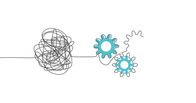Process of solving, unleashing problems animation. From a complex problem to a simple business solution. Brainstorming video. Thin line knot and gears