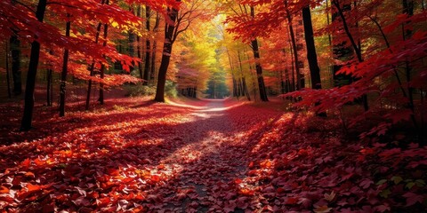 Crimson leaves carpet a sun-dappled autumn forest path, vibrant foliage surrounds, background, nature