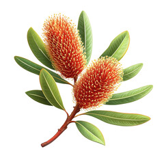 red and yellow banksia flower branch on white background