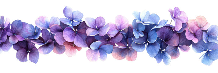 hydrangea flowers row, purple blue pink gradient, isolated on white background