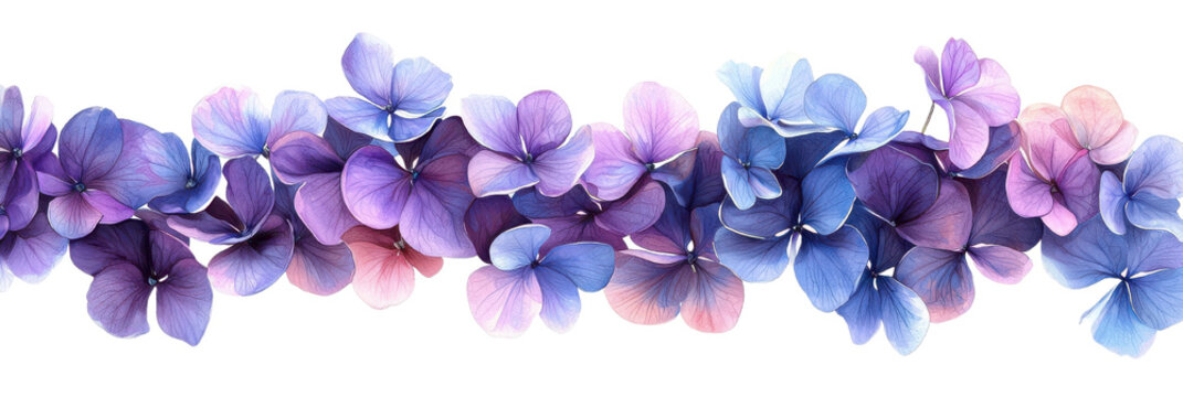 hydrangea flowers row, purple blue pink gradient, isolated on white background