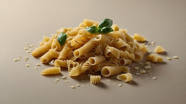 Artistic arrangement of spirali pasta garnished with basil leaves on neutral backdrop