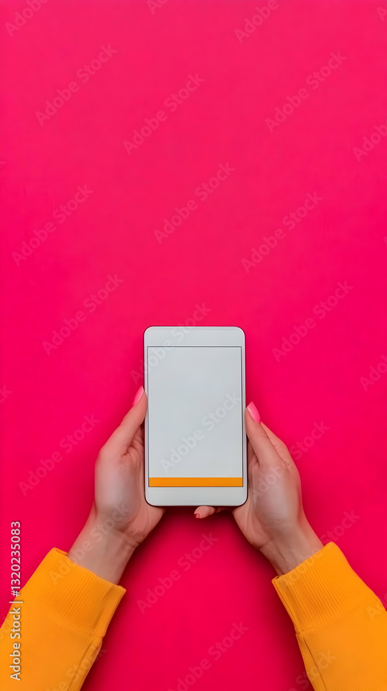 Poster hands hold smartphone with blank screen on pink background, vibrant color mock-up for app design or 