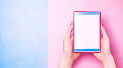 Pink Tablet Held in Hands Against Pastel Background: A Minimalist Digital Device Illustration
