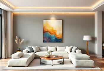 Elegant home interior with vertical painting mockup on living room wall, living room, painting