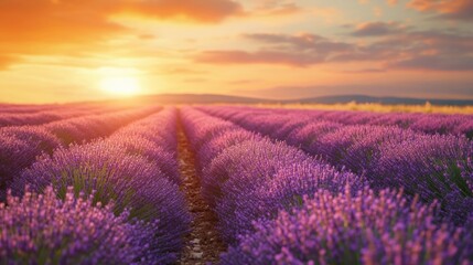 Fototapeta premium Lavender field stretching to the horizon, golden sunset light generative ai