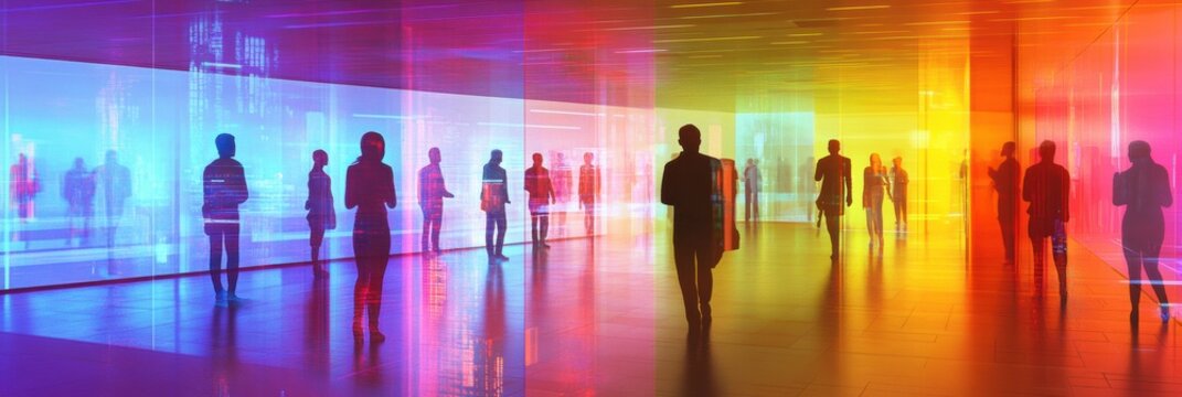 Avatars engage in digital social interaction within a vibrant metaverse lobby filled with holographic displays and interactive interfaces