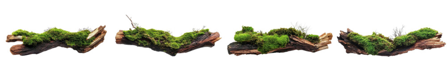 green moss covered wood logs on white background