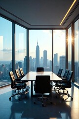 Sleek glass-walled meeting room, stunning city vista, large window, corporate, luxury