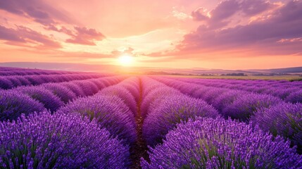Fototapeta premium Lavender field stretching to the horizon, golden sunset light generative ai