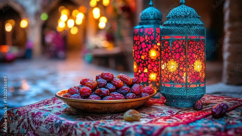 Poster dates and illuminated lanterns on a table