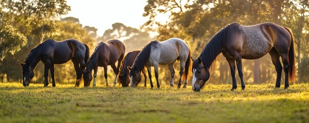 Five grazing horses in a grassy field at sunset or sunrise