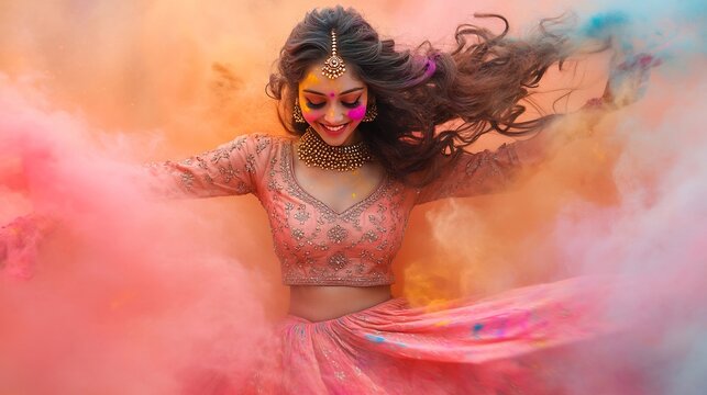 Young woman dancing amidst a cloud of Holi colors her traditional lehenga swirling happiness on her face