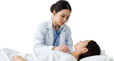 Asian Female Doctor Using Stethoscope Examining Patient in Hospital Bed