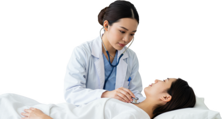Asian Female Doctor Using Stethoscope Examining Patient in Hospital Bed
