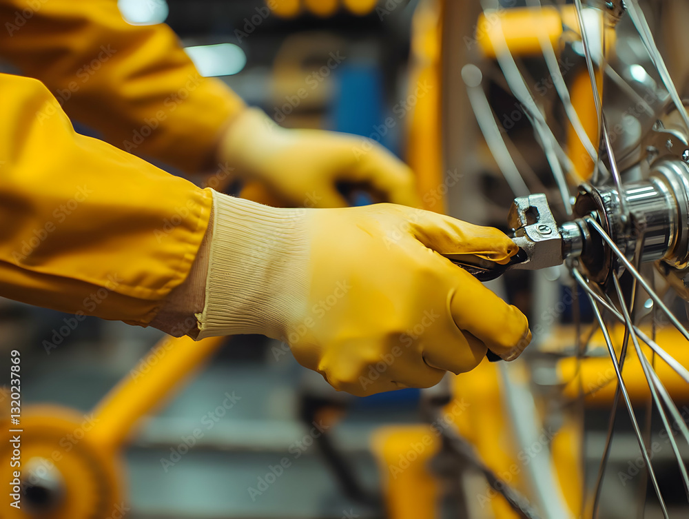 Poster close-up of gloved hands using a tool to assemble a bicycle wheel, showcasing precision engineering 