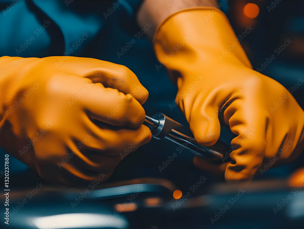 Poster close-up of gloved hands meticulously assembling a metallic component, showcasing precision and deta