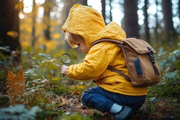 Boy Exploring Nature with Magnifying Glass in Vibrant Forest during Summer Vacation