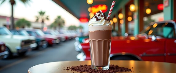 Naklejka premium chocolate milkshake with whipped cream, drive-in fast food drinks menu