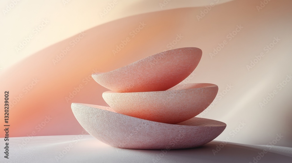 Poster three stacked abstract sculpted objects with soft pastel color gradients