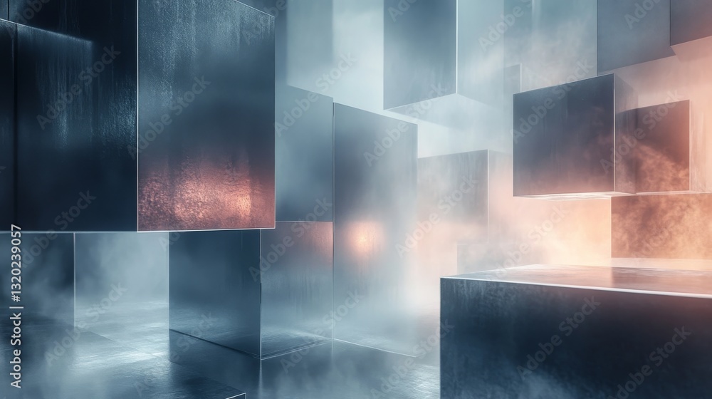 Poster a futuristic scene showing metallic cubes in a foggy setting