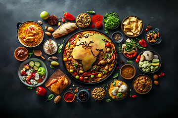 Culinary Map: A visual feast of global cuisine, artfully arranged around a food-based depiction of the world, celebrating diverse flavors and culinary traditions.