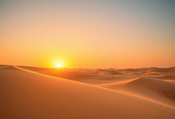 Golden hour sun bathes tranquil sand dunes in warm hues, yellow, scenic