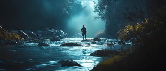 Fototapeta premium A Fisherman Standing Peacefully in a Flowing River Surrounded by the Natural Beauty of the Scenic Landscape and Illuminated by Contemporary Cinematic Lighting