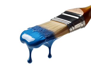 Dripping blue paint from a brush, isolated on white background
