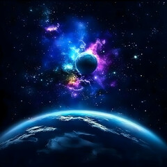Obraz premium Cosmic Nebula Illuminates a Distant Planet Above Earth's Horizon in a Stunning Digital Painting