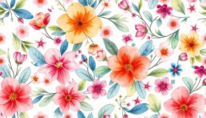 Hand-painted watercolor floral seamless pattern Delicate blooms & leaves in vibrant hues, surface, floral