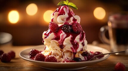 Elegant dessert tower of whipped cream, berries, and syrup.  A layered confection topped with fresh mint