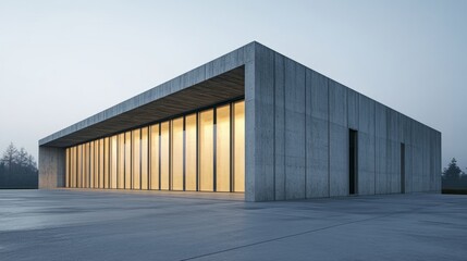 Obraz premium Modern concrete hall with glowing windows, embodying simplicity and clean minimalism in architectural design. 